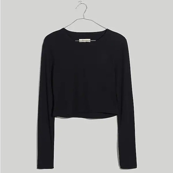 Madewell | Women's Fine Ribbed Supercrop Crewneck Long-Sleeve Tee - Black, Small - Picture 3 of 9